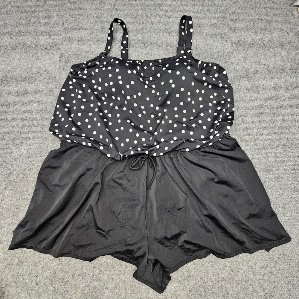 Swim Solutions Romper 22W Black Polka Dot Tummy Control Thigh Minimizer Swimsuit - Picture 1 of 9